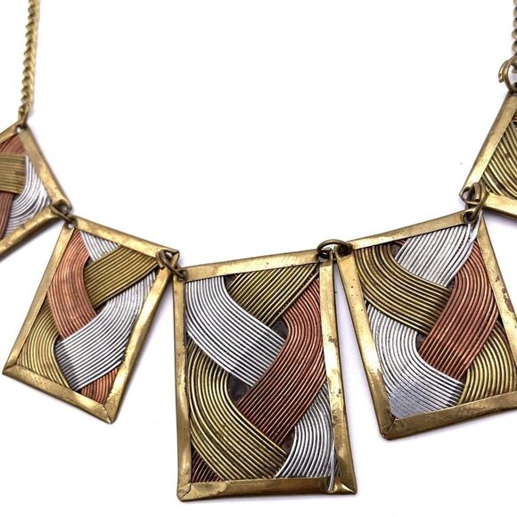 Three Tone Weaved Wire Accents Rectangle Brass Pendants Chain Necklace 22" - Picture 2 of 5